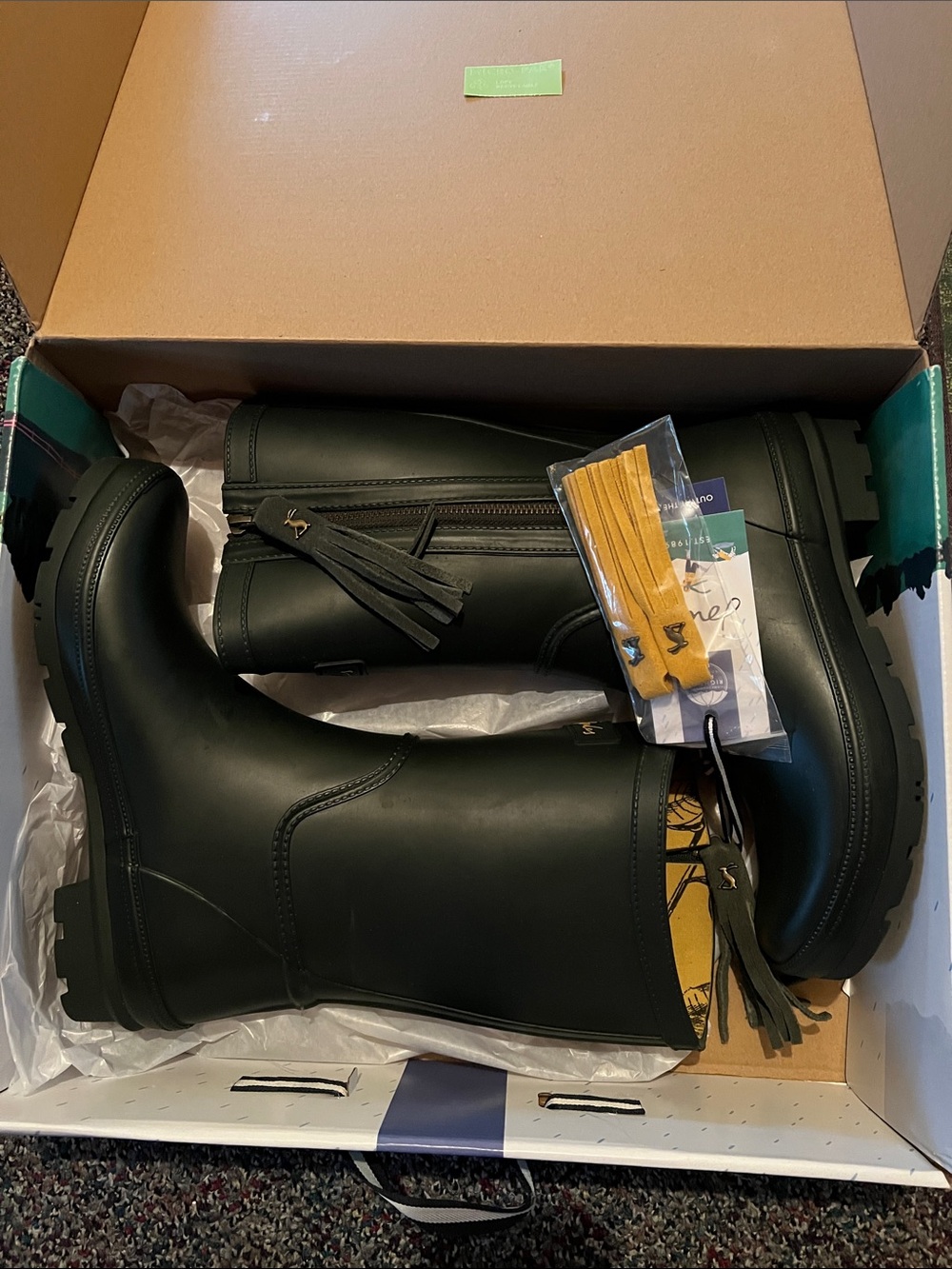 Joules Rosalind Mid Height Dark Evergreen Rain Boots w/ Extra Tassle Size 9 NWT
